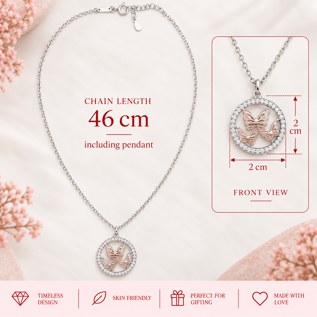 Silver Butterfly Circle Pendant Necklace