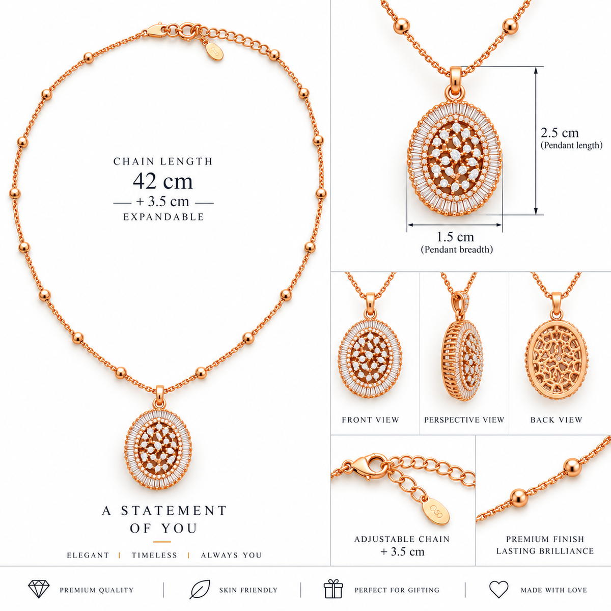 Elegant Oval Zircon Pendant Necklace