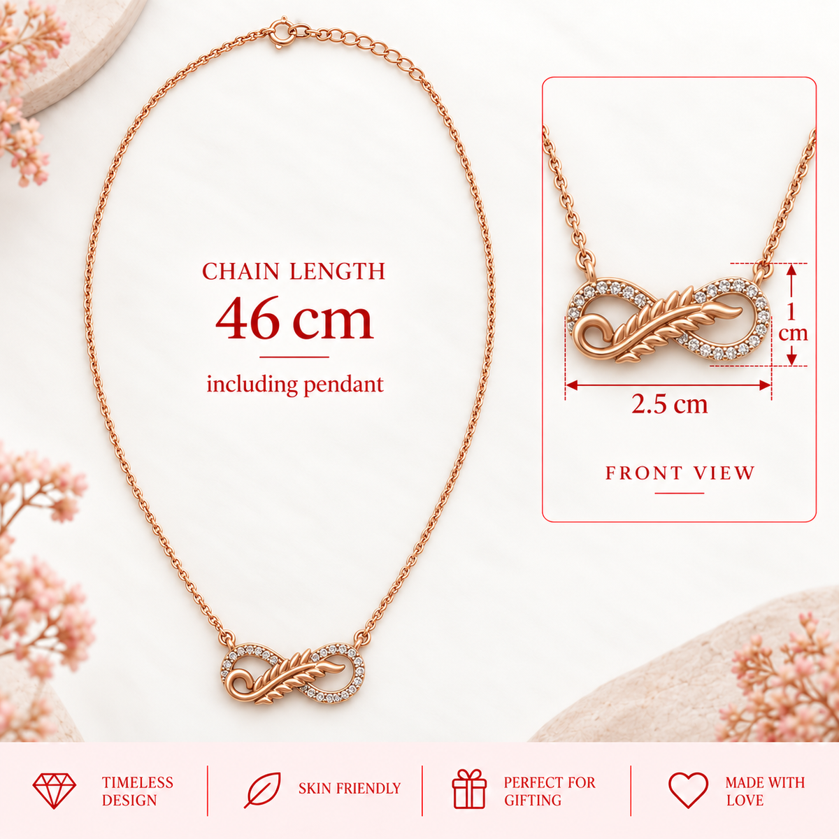 Rose Gold Infinity Feather Necklace