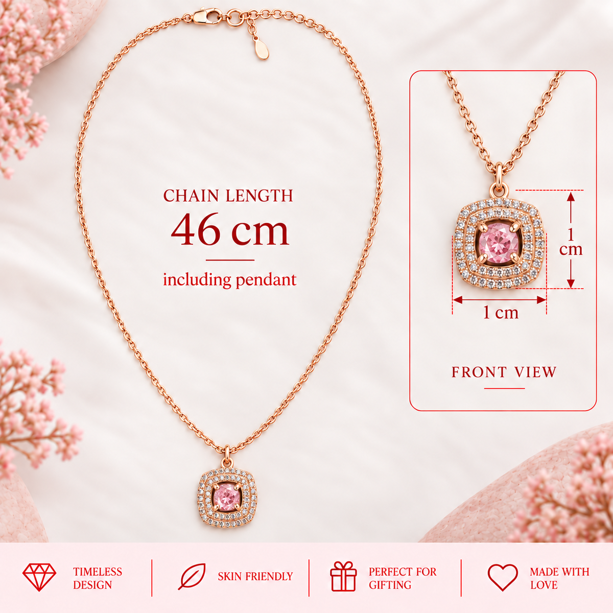 Pink Cushion Pendant Necklace