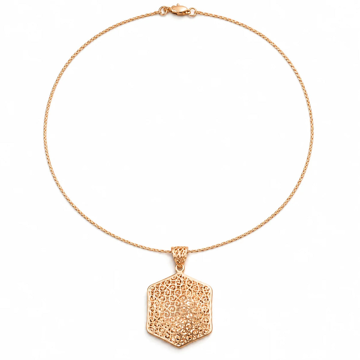 Rose Gold Hexagon Filigree Pendant Necklace