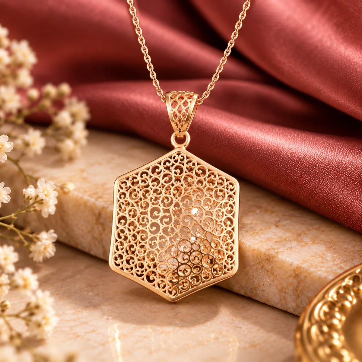 Rose Gold Hexagon Filigree Pendant Necklace