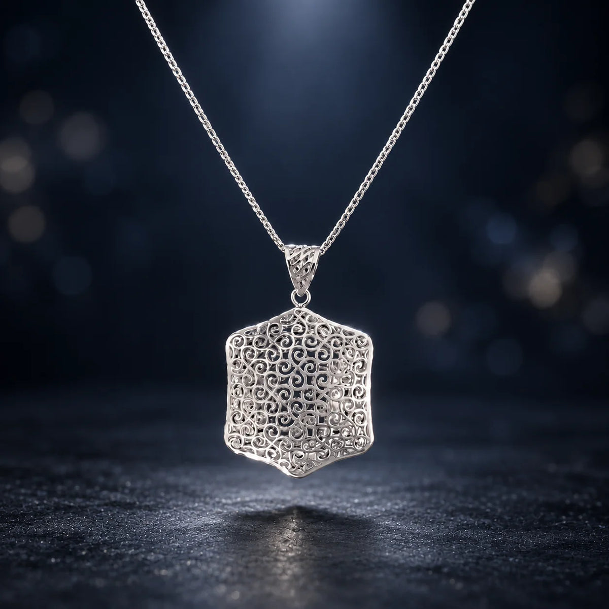 Silver Hexagon Filigree Pendant