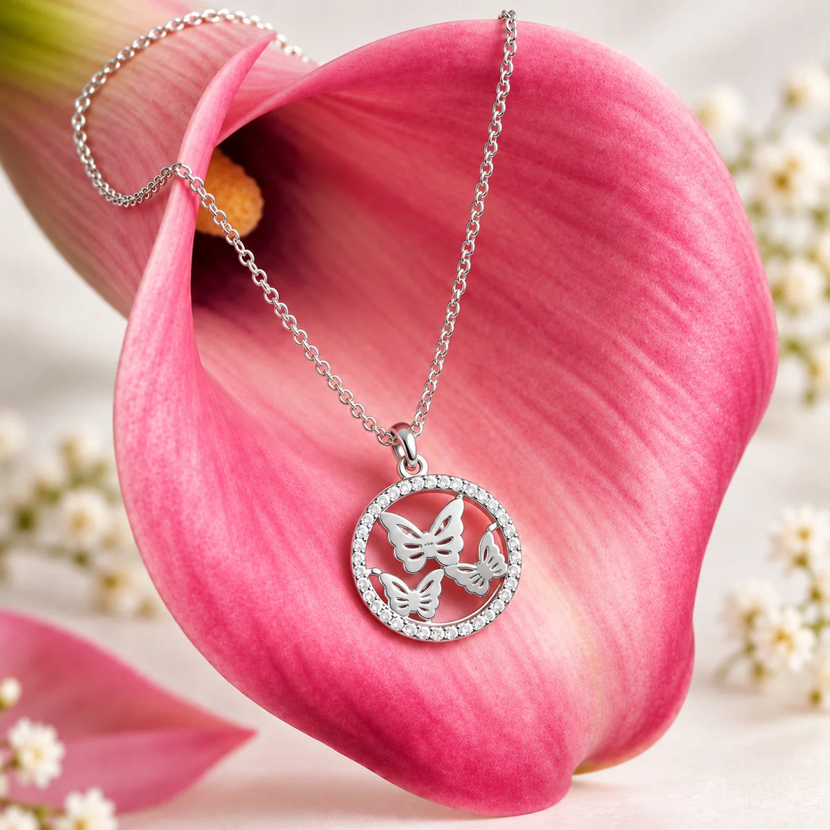 Silver Butterfly Circle Pendant Necklace