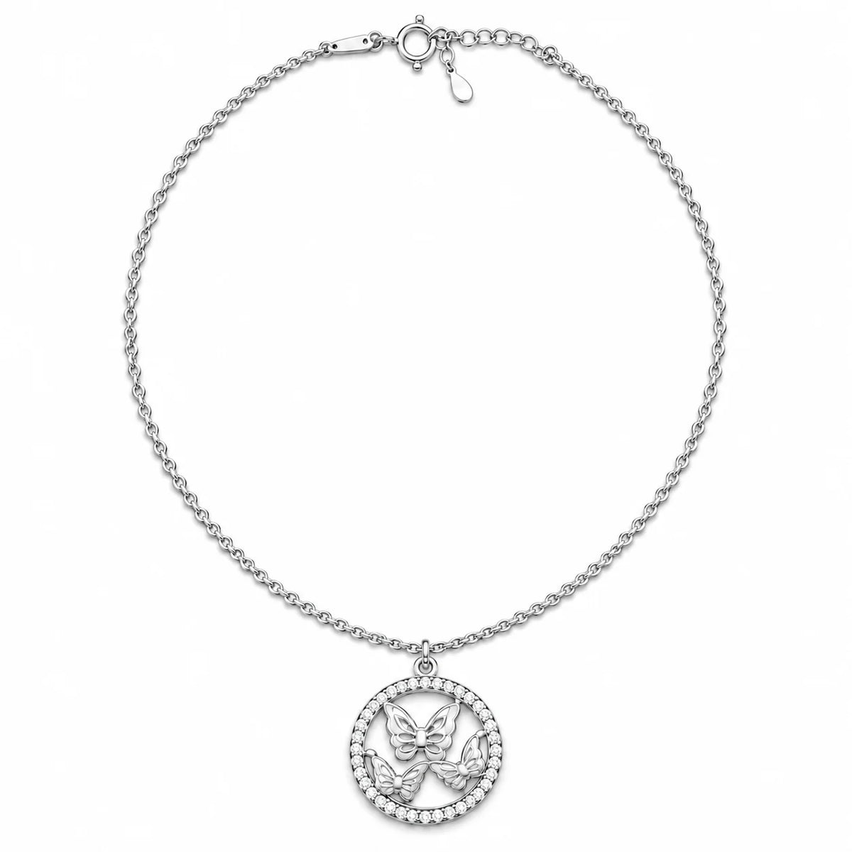Silver Butterfly Circle Pendant Necklace