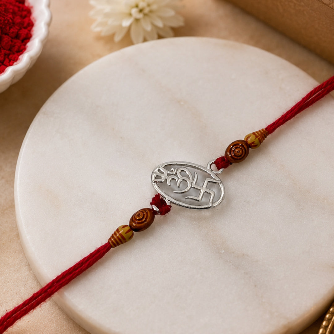Twinklitz Swastik Om Sterling 92.5 Silver Rakhi - front view