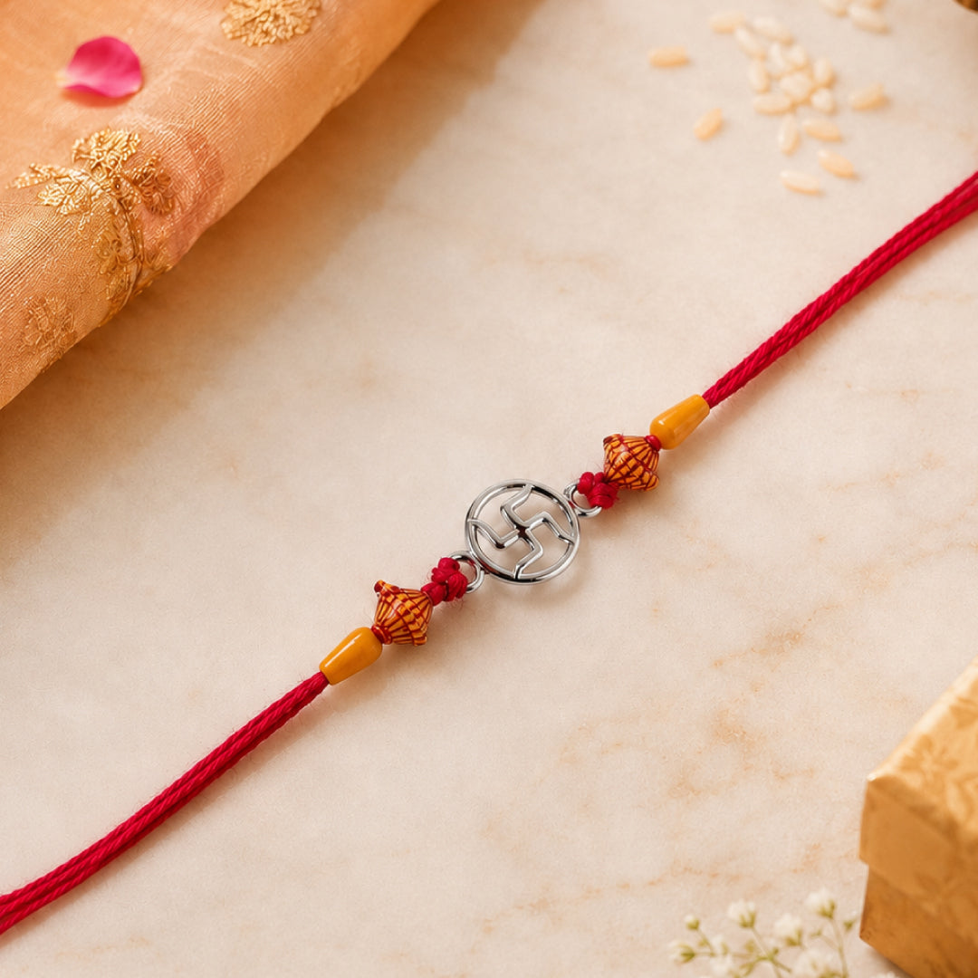 Twinklitz Sterling Silver Swastik Rakhi - front view