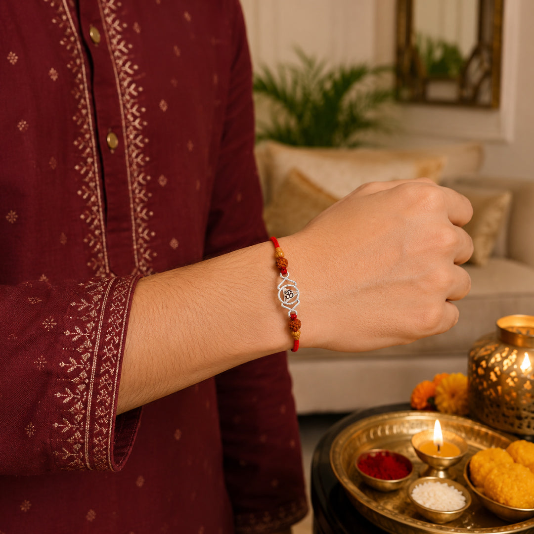 Twinklitz Designer 925 Sterling Silver Om Rakhi - close-up view