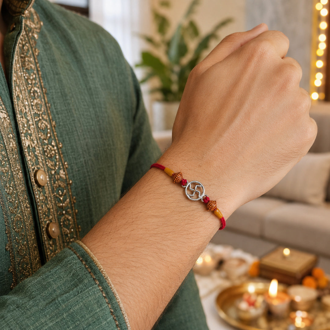 Twinklitz Sterling Silver Swastik Rakhi - close-up view