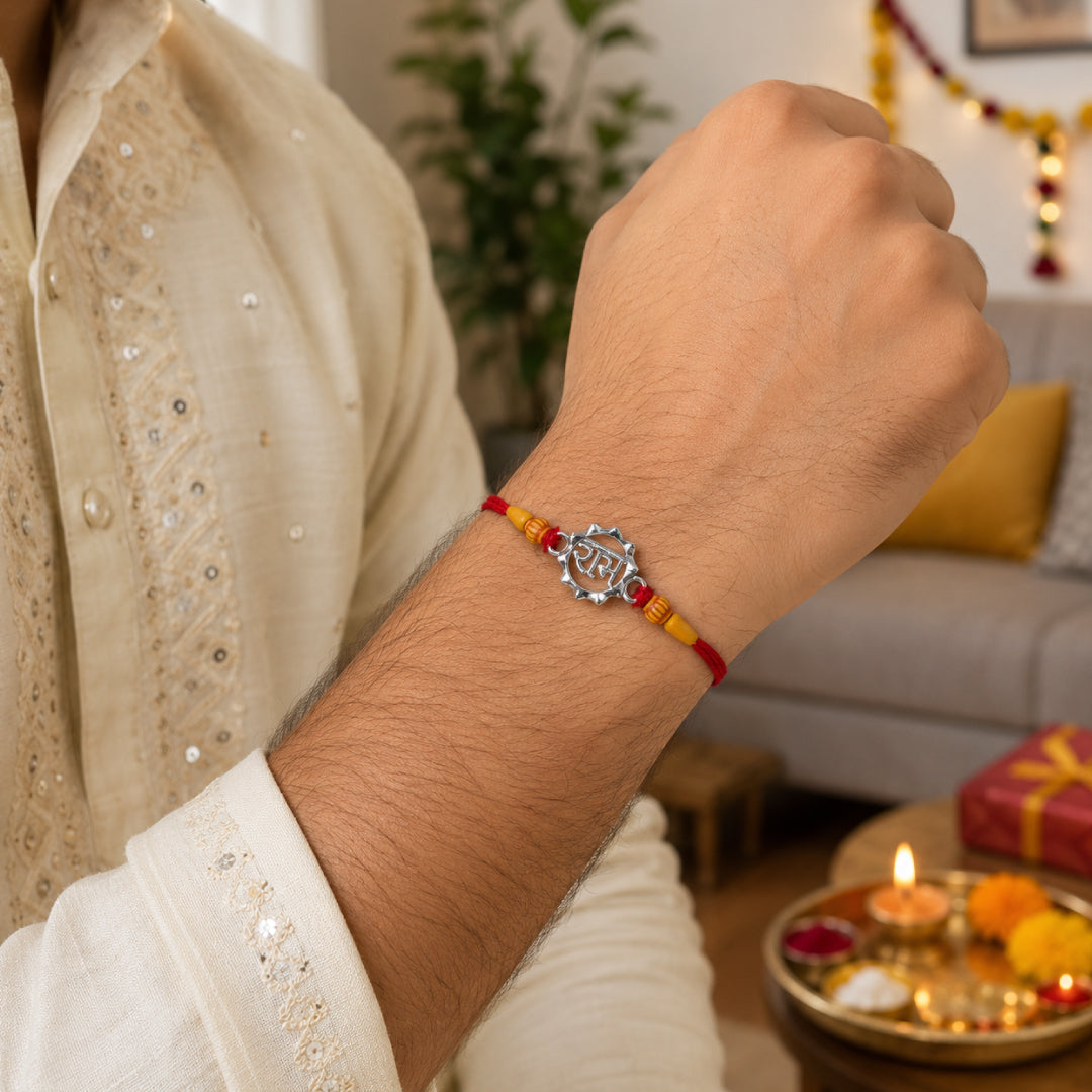 Twinklitz Lord Ram Sterling Silver Rakhi - close-up view