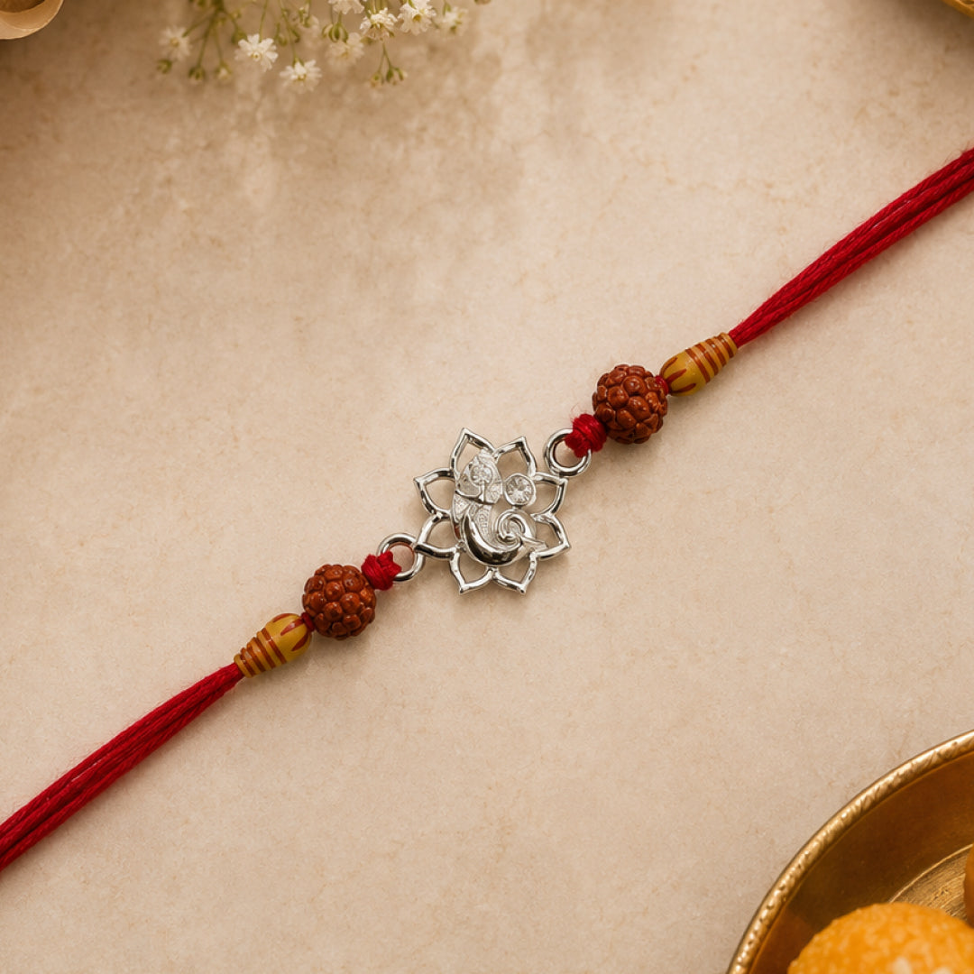 Twinklitz Lotus Ganpati Sterling Silver Rakhi - front view