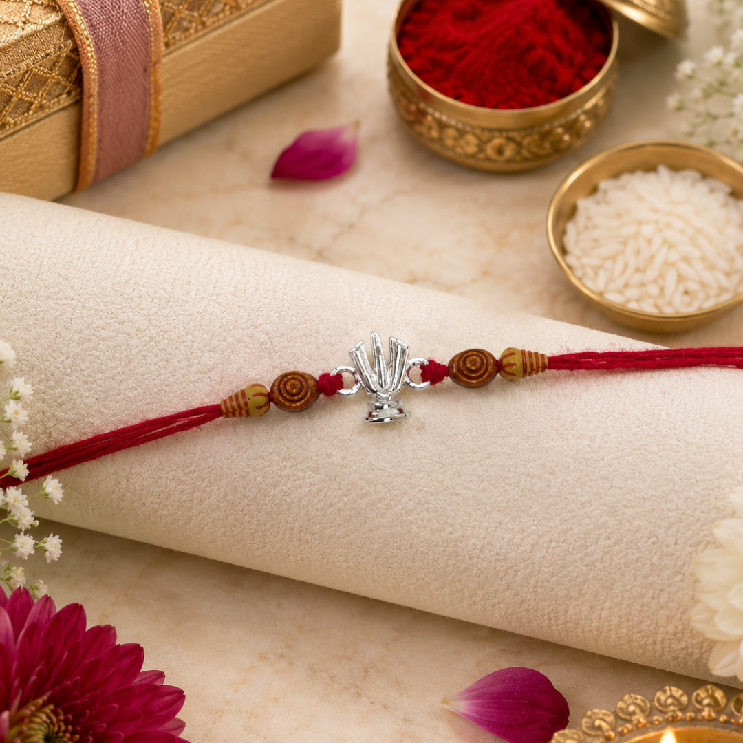 Twinklitz Trishul Symbol Sterling Silver Rakhi - front view